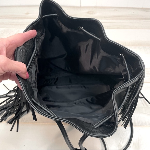 Victoria’s Secret NWT Black Faux Leather Fringe Drawstring Backpack Vegan - Picture 8 of 9